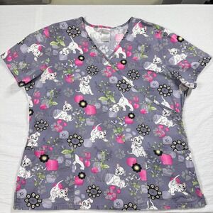 Disney 101 Dalmatians Scrub Top Womens Large Purple Floral Print V-Neck Pockets